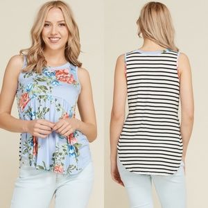 Innocent Blue Floral And Stripes Sleeveless Tunic